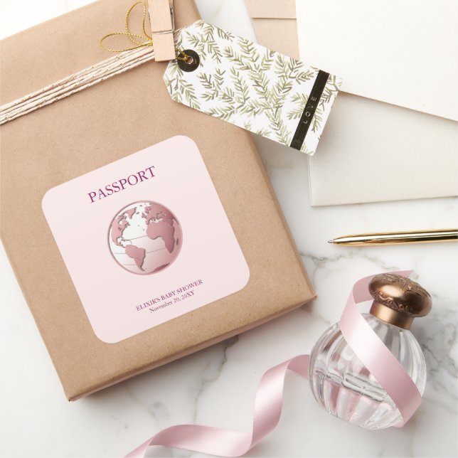 Pink Globe Passport Travel Baby Shower Square Sticker (Gifting)