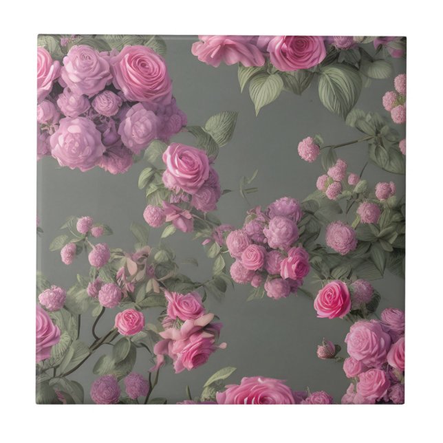 Pink Glorious Roses Floral Decorative Ceramic Tile (Front)