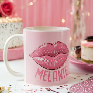 Pink glossy lips shaped personalised coffee mug