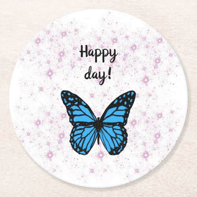 pink glossy stars with blue butterfly round paper coaster (Front)