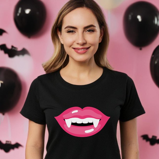 Pink Glossy Vampire Lips Fangs Mouth Halloween T-Shirt (Please note: This image is a digital mockup.)