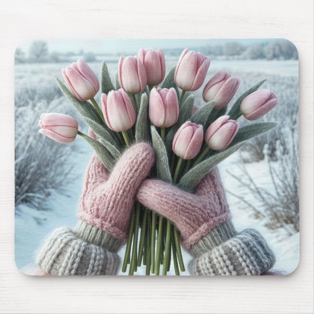 Pink Gloves Holding a Tulip Bouquet Mouse Pad (Front)