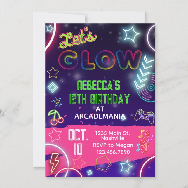 Pink GLOW Birthday Gaming Arcade Party Glow Neon Invitation (Front)