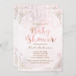 Pink Glow & Gold Celestial Sparkle Baby Shower Invitation