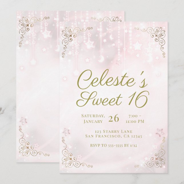 Pink Glow & Gold Celestial Sparkle Sweet 16 Party Invitation (Front/Back)