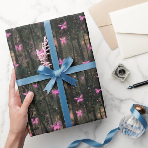 Pink Glowing Butterflies Enchanted Forest Watercol Wrapping Paper