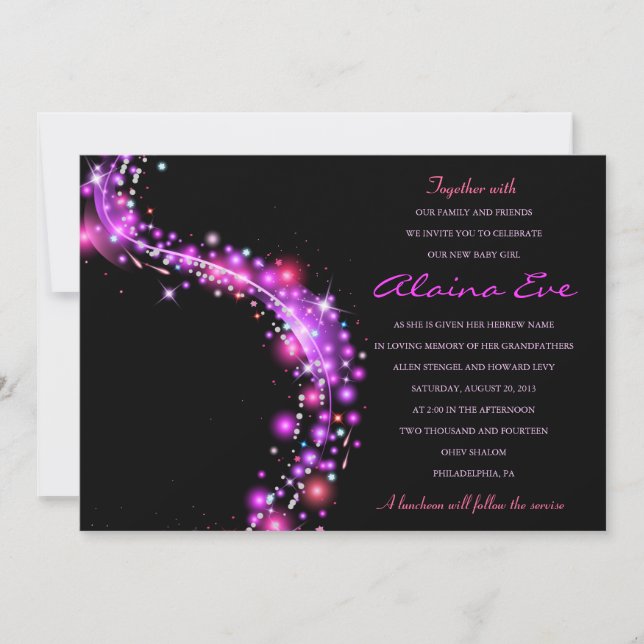 PINK GLOWING STARS Jewish Baby Naming Invitation (Front)