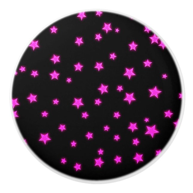 Pink Glowing Stars on Black Space Bedroom Cool Ceramic Knob (Front)