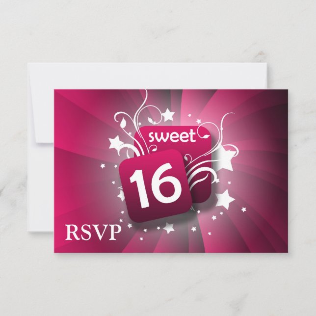 Pink Glowing Swirls and Stars Sweet 16 RSVP Card (Front)