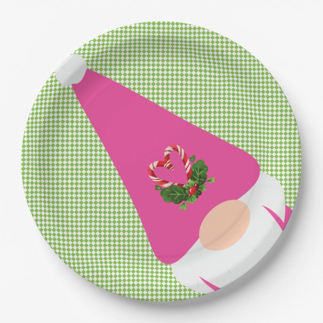 pink gnome christmas green chequered fun festive paper plate (Front)