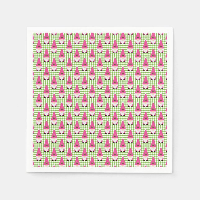 pink gnome pattern christmas green check sweet napkin (Front)
