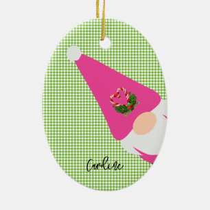 pink gnome pattern name christmas green chequered  ceramic ornament