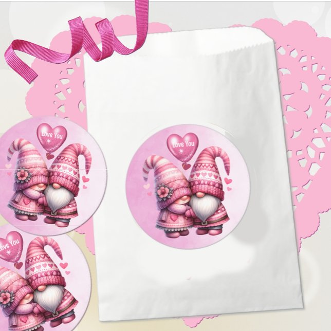 Pink Gnome Valentine Couple  Classic Round Sticker (Creator Uploaded)