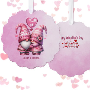 Pink Gnome Valentine Couple Flat Tree Decoration Card