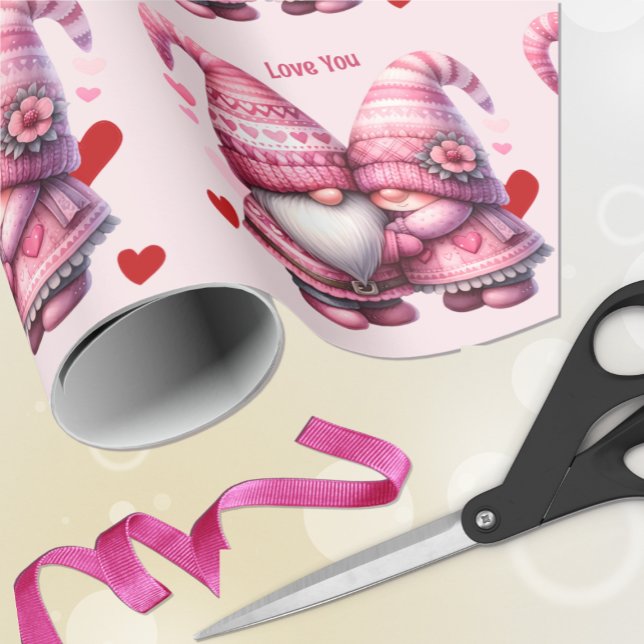 Pink Gnome Valentine Couple  Wrapping Paper (Creator Uploaded)