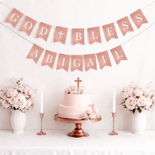 Pink God Bless Girl 7 Letters Baptism Rose Gold Bunting
