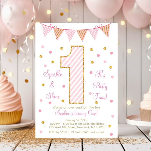 Pink & Gold 1st Birthday Invitation (Creator Uploaded)