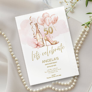 Pink & Gold 50th Birthday, Champagne & Heels Invitation