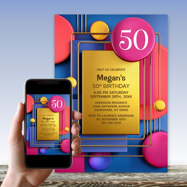 Pink Gold Abstract 50th Birthday Party Invitation (Creator Uploaded)