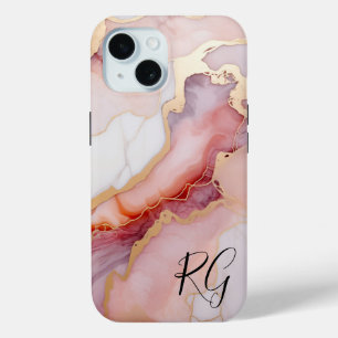Pink Gold Abstract Marble Monogram iPhone 15 Case