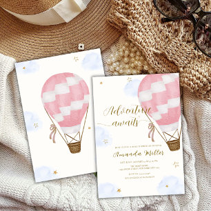 Pink Gold Adventure Hot Air Balloon Baby Shower  Invitation