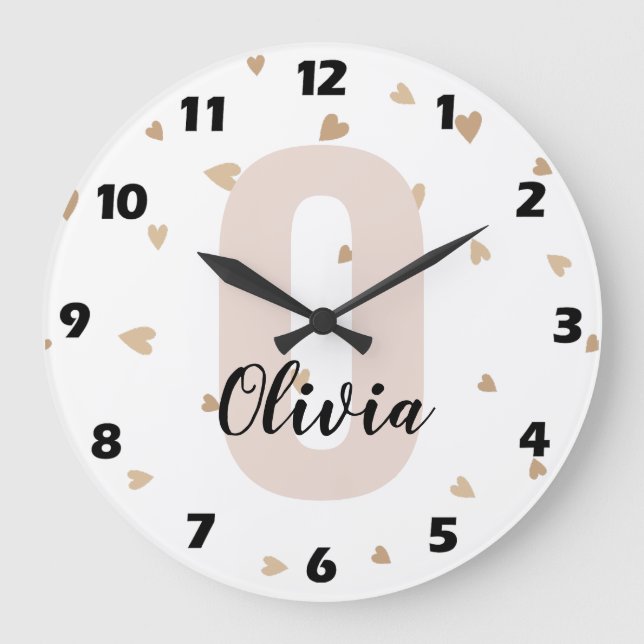 Pink Gold Aesthetic Monagram Name with Hearts Large Clock (Front)