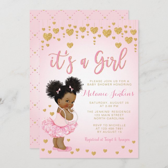 Pink Gold African American Baby Shower Invitation (Front/Back)