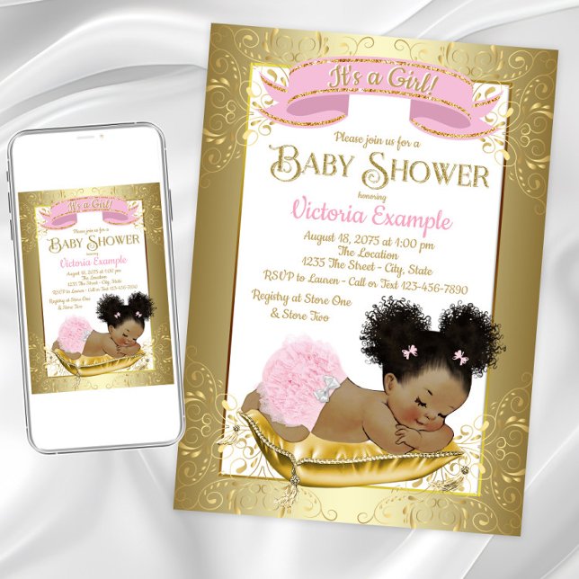 Pink Gold African American Baby Shower Invitations (Creator Uploaded)