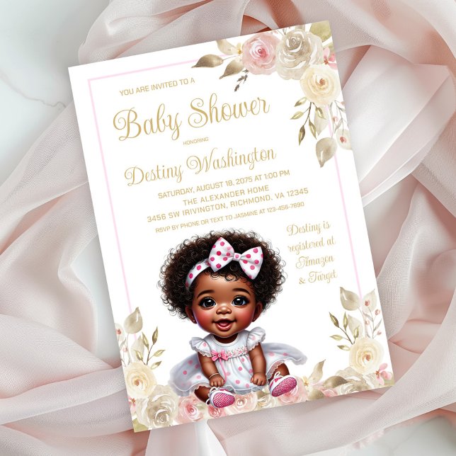 Pink Gold African American Girl Baby Shower  Invitation (Sweet baby girl in pretty dress baby shower invitation. Simply add your event details.)