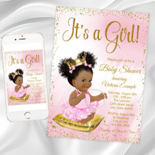 Pink Gold African American Princess Baby Shower Invitation