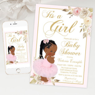 Pink Gold African Princess Tutu Baby Shower  Invitation