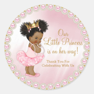 Pink Gold Afro Princess Baby Shower Favour Classic Round Sticker