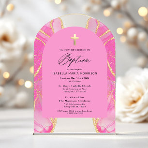 Pink Gold Agate Baptism Feminine Modern Elegant Acrylic Invitations