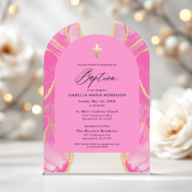 Pink Gold Agate Baptism Feminine Modern Elegant Acrylic Invitations (Creator Uploaded)