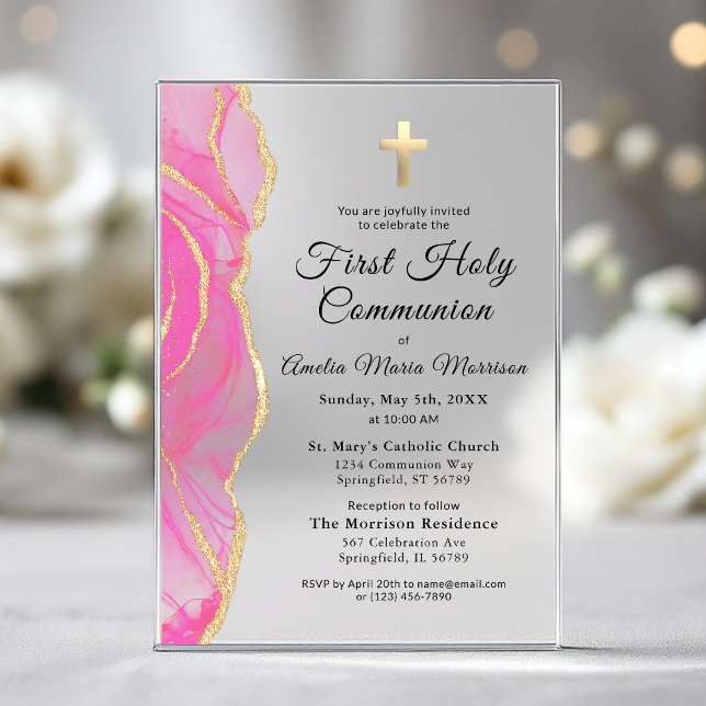 Pink Gold Agate First Holy Communion Girl Acrylic Invitations (Creator Uploaded)
