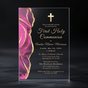 Pink Gold Agate First Holy Communion Girl Acrylic Invitations