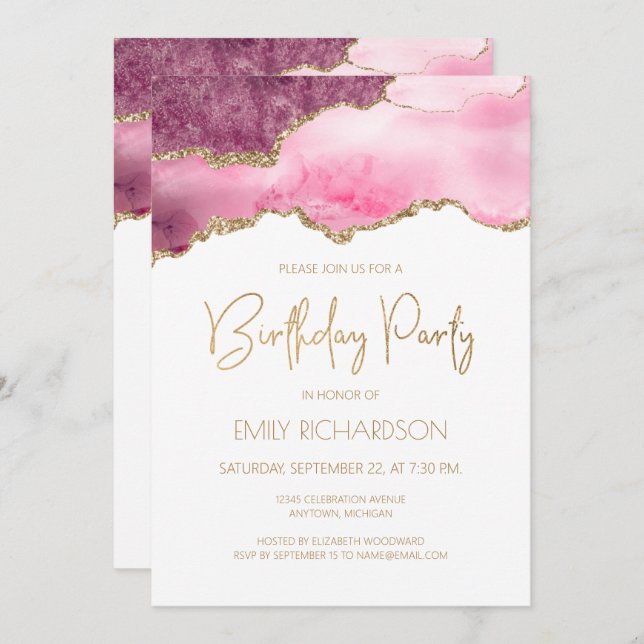 Pink Gold Agate Geode Any Year Birthday Invitation (Front/Back)