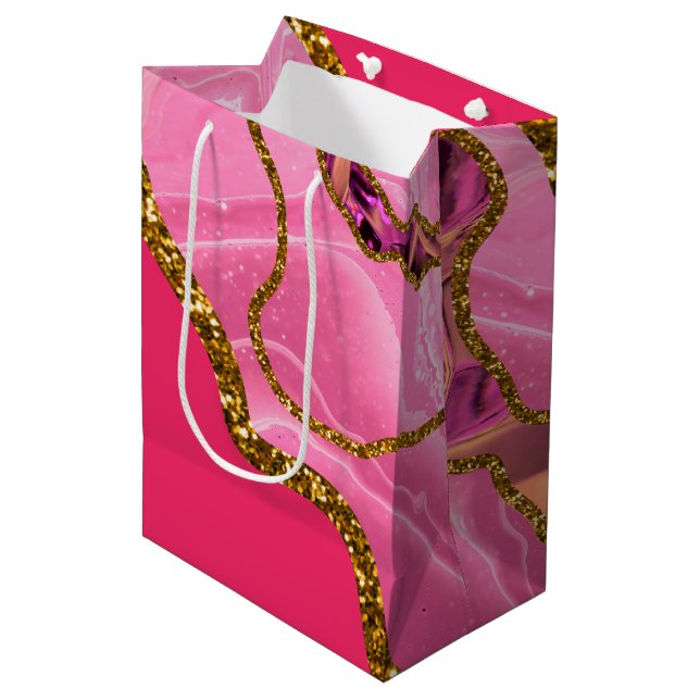 Pink & Gold Agate Geode Glitter Medium Gift Bag (Front Angled)