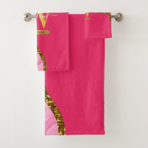 Pink & Gold Agate Geode Glitter Monogram Bath Towel Set