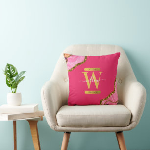 Pink & Gold Agate Geode Glitter Monogram Cushion