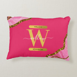 Pink & Gold Agate Geode Glitter Monogram Decorative Cushion