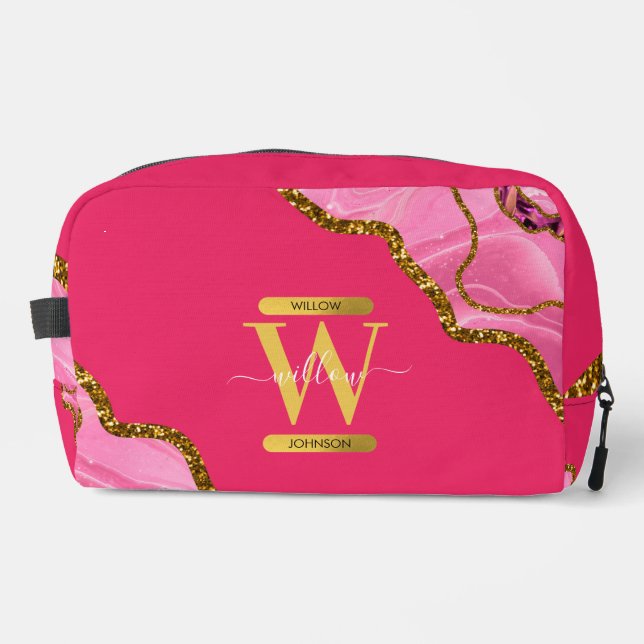 Pink & Gold Agate Geode Glitter Monogram Dopp Kit (Front)