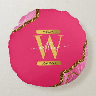 Pink & Gold Agate Geode Glitter Monogram Round Cushion