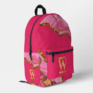 Pink & Gold Agate Geode Glitter Monogram School Printed Backpack