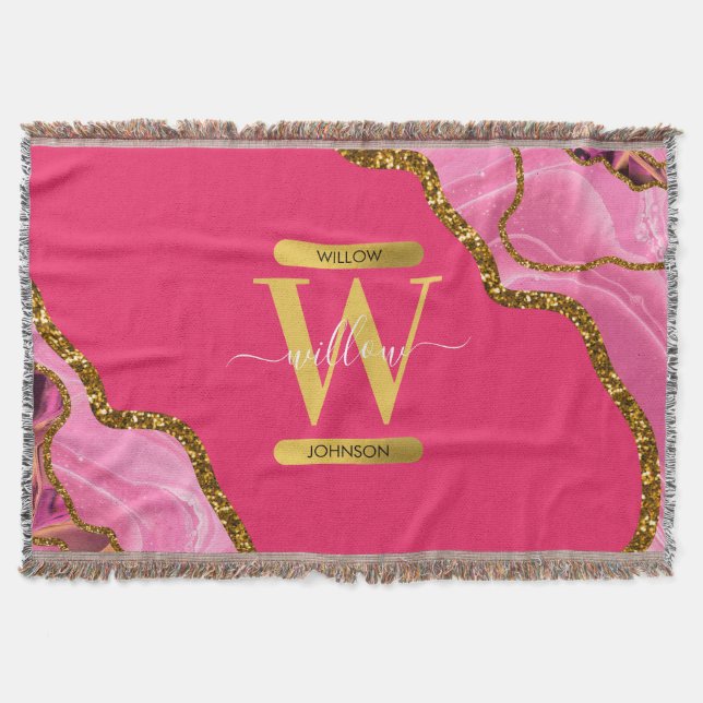 Pink & Gold Agate Geode Glitter Monogram Throw Blanket (Front)