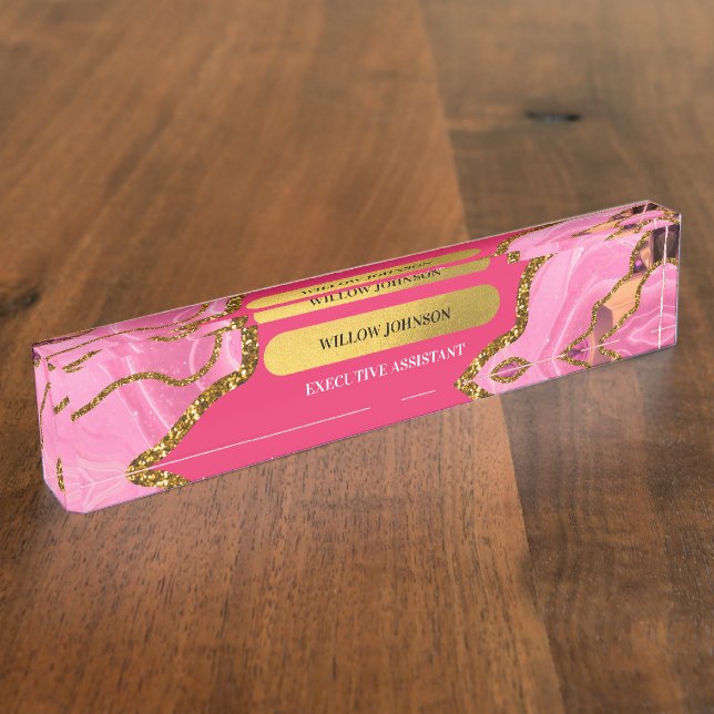 Pink & Gold Agate Geode Glitter Nameplate (Side)