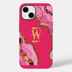 Pink & Gold Agate Geode Monogram   iPhone 14 Case