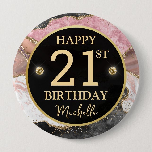 Pink Gold Agate Glitter Birthday Badge (Front)