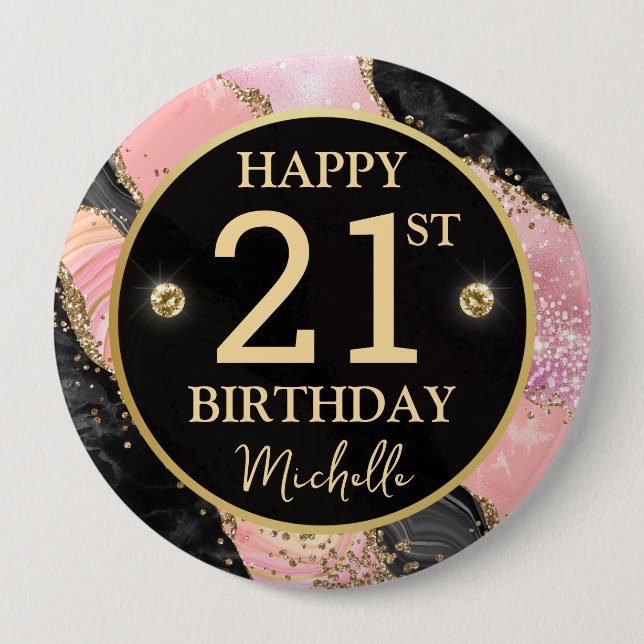 Pink Gold Agate Glitter Birthday Badge (Front)