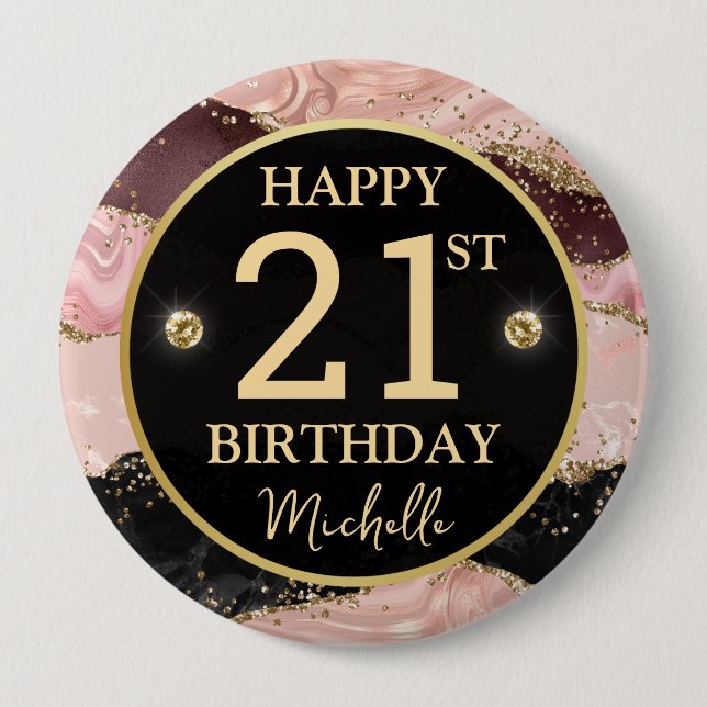 Pink Gold Agate Glitter Birthday Badge (Front)